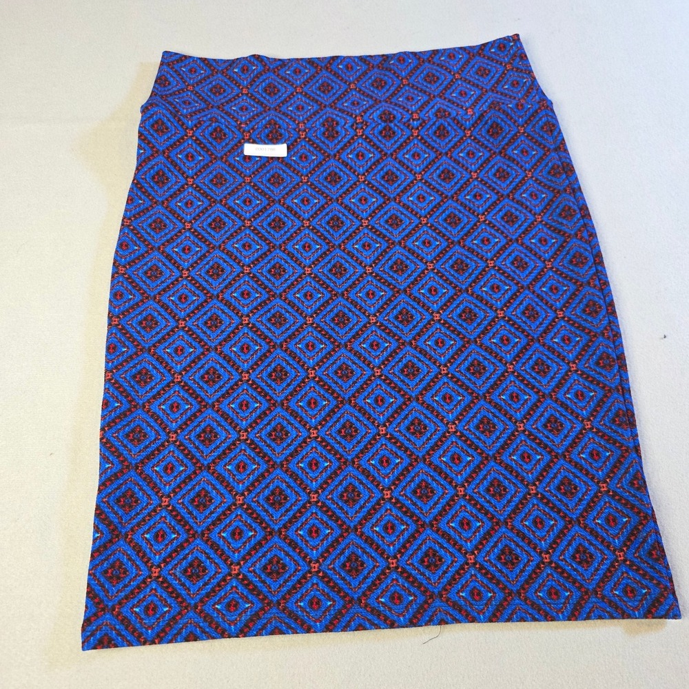 LuLaRoe Cassie Pencil Skirt Blue Red Geometric Diamond Print Stretchy Size Large